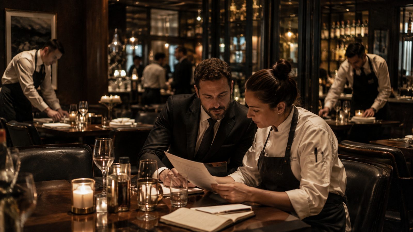 Restaurant manager and chef reviewing operations before service