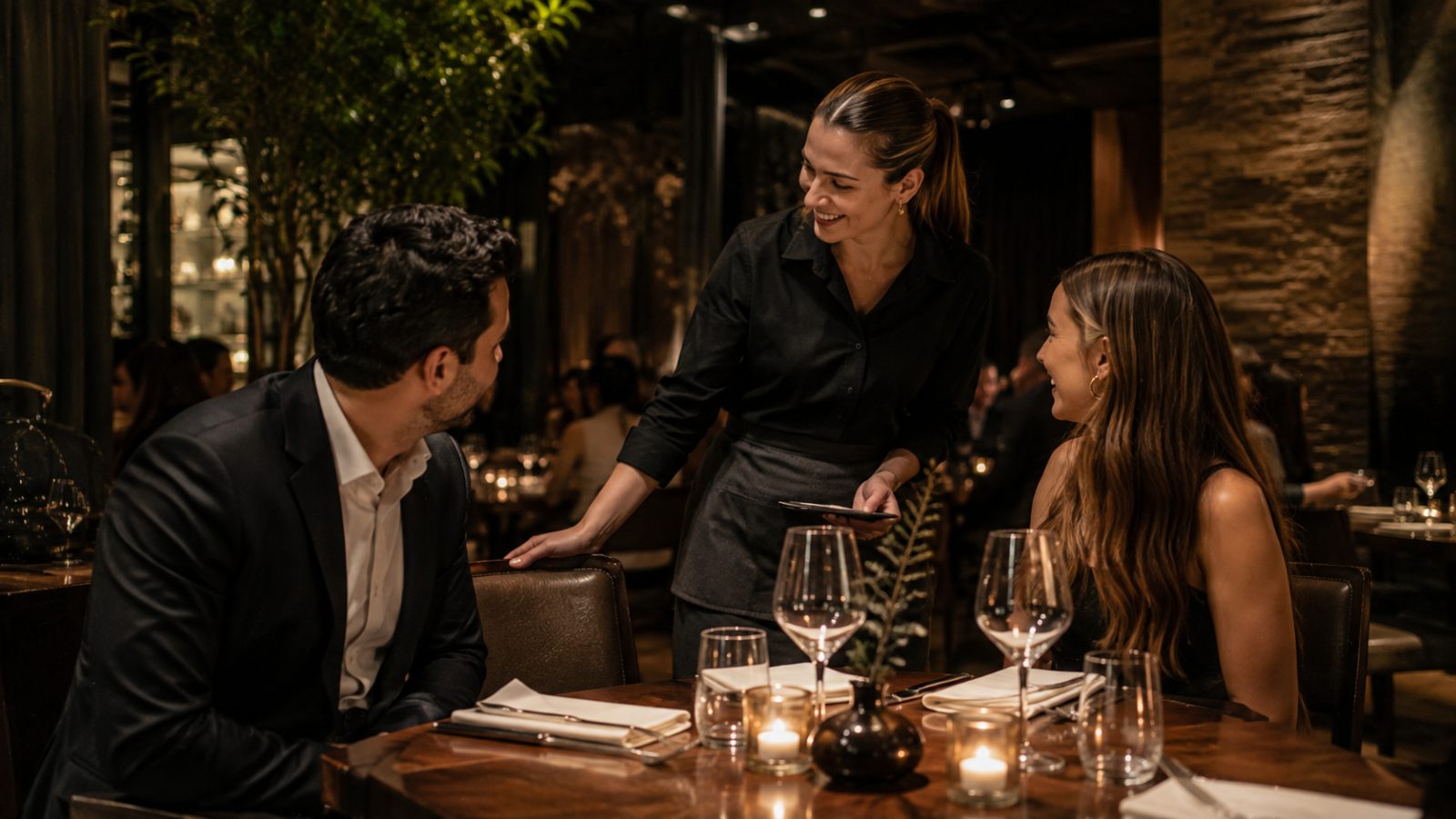 Server welcoming guests at an elegant restaurant