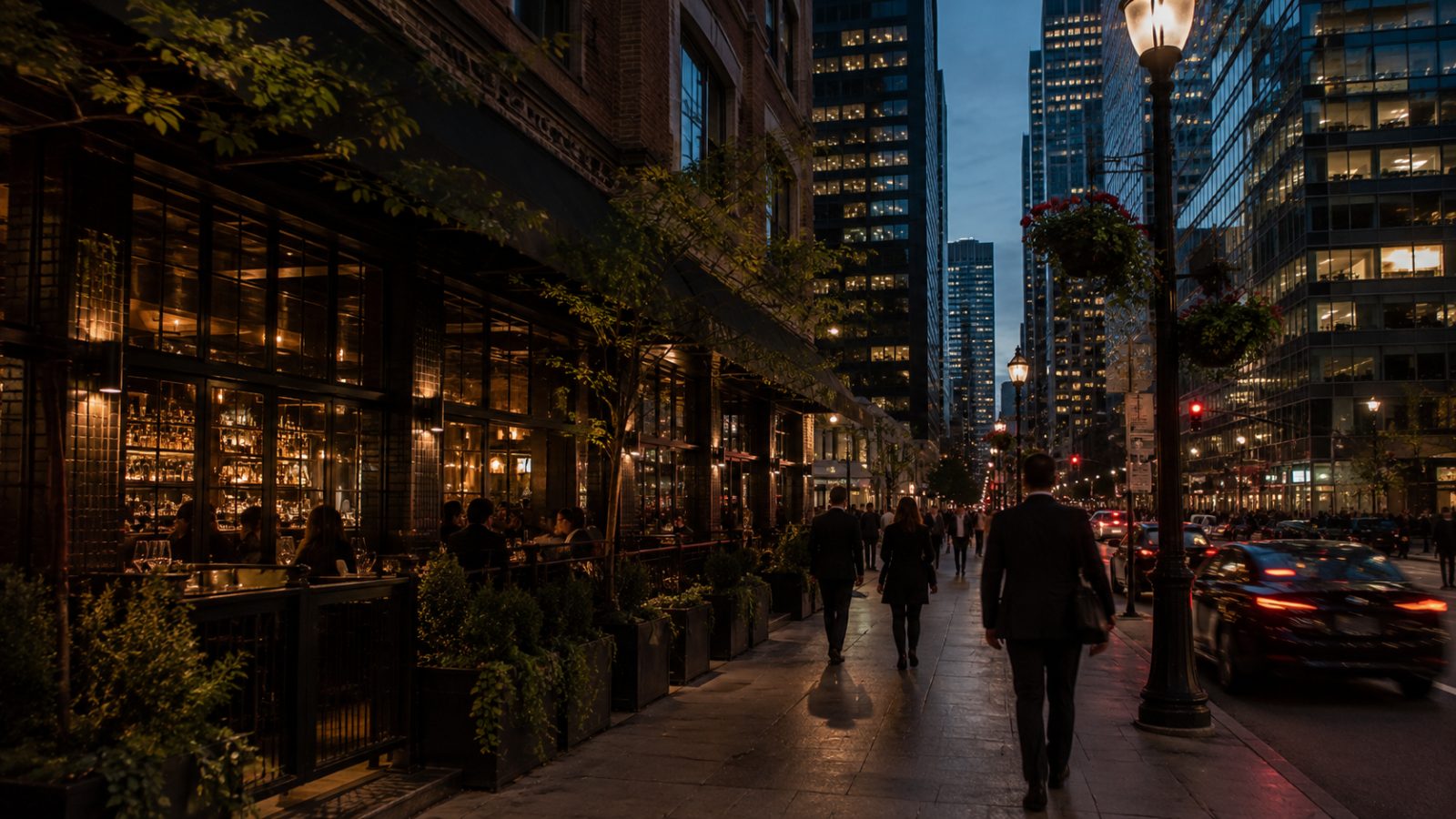 Downtown Toronto street at blue hour with restaurant windows