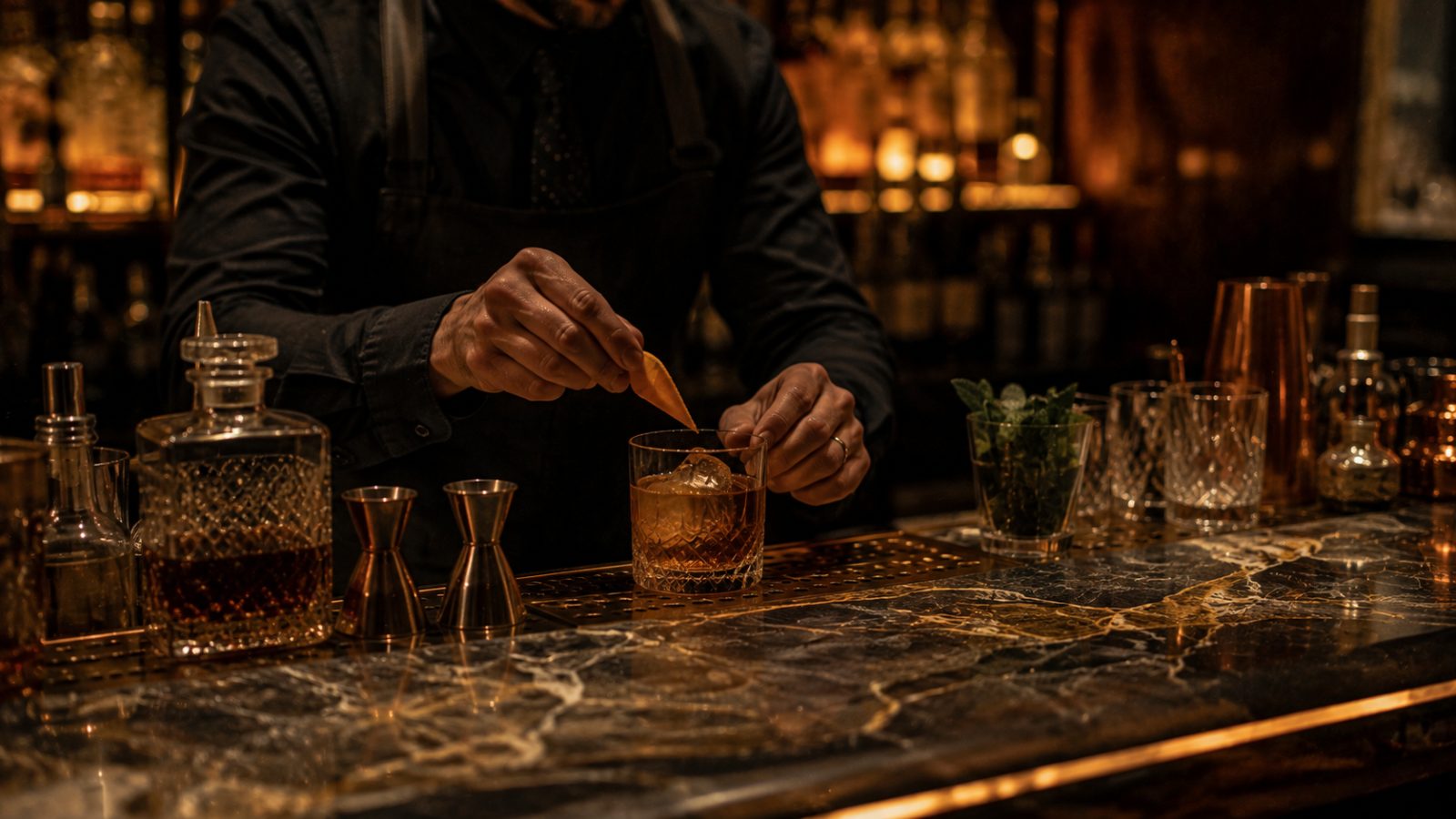 Cocktail being garnished at a dark premium bar