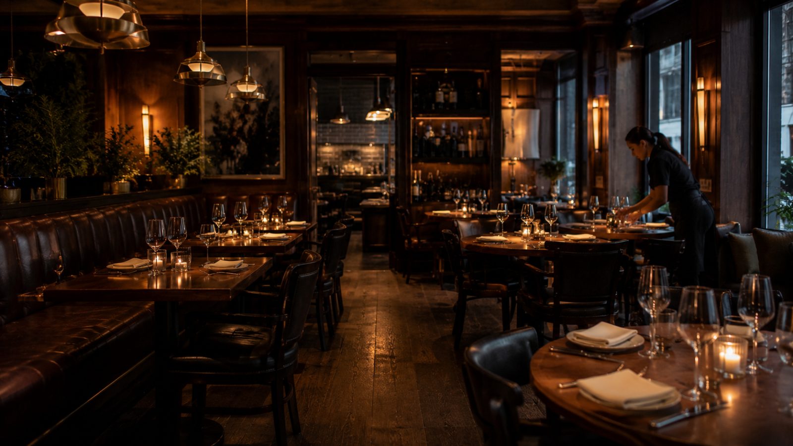 Upscale restaurant dining room set for evening service