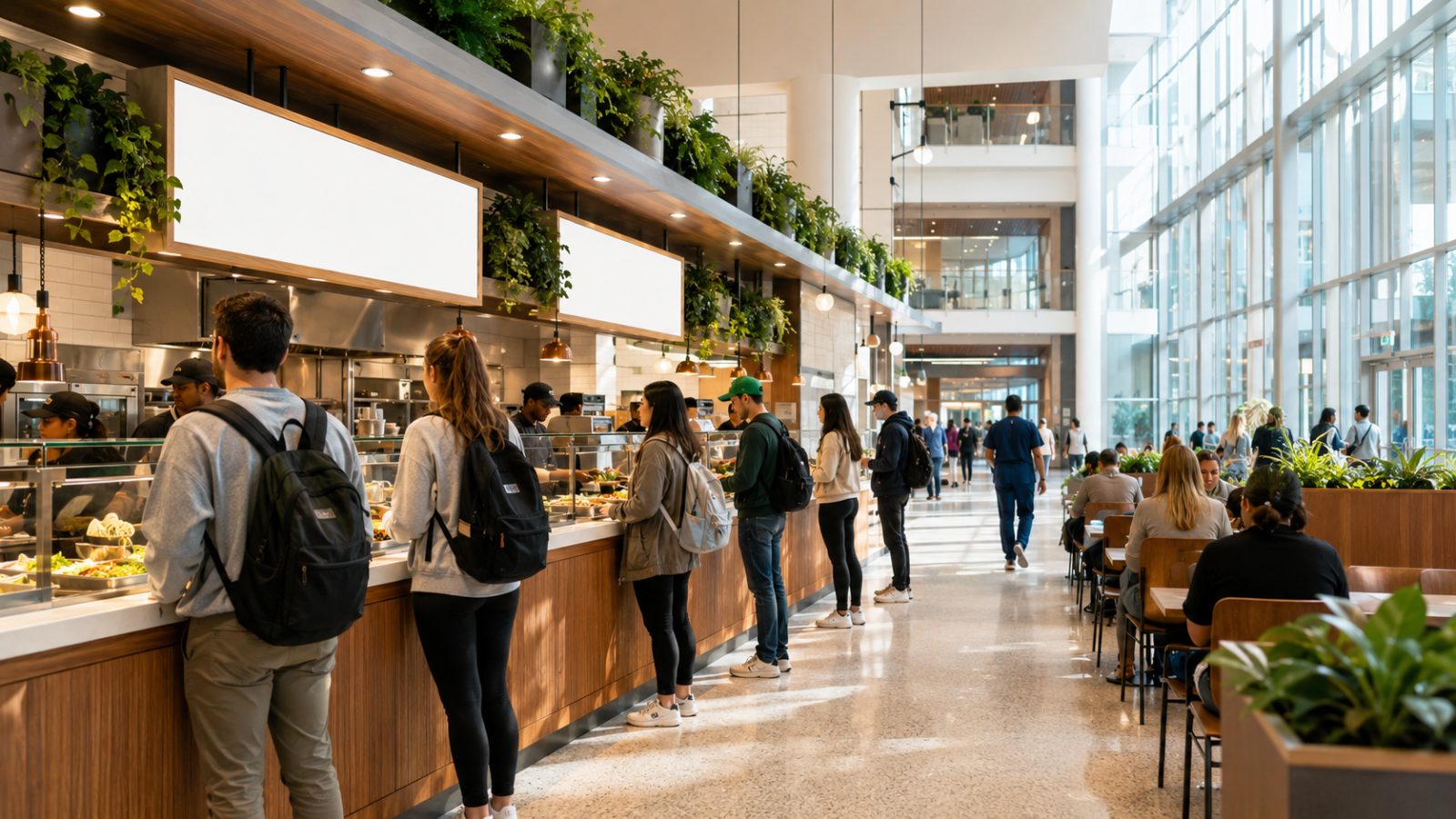 Fast-casual restaurant counter inside a bright university atrium