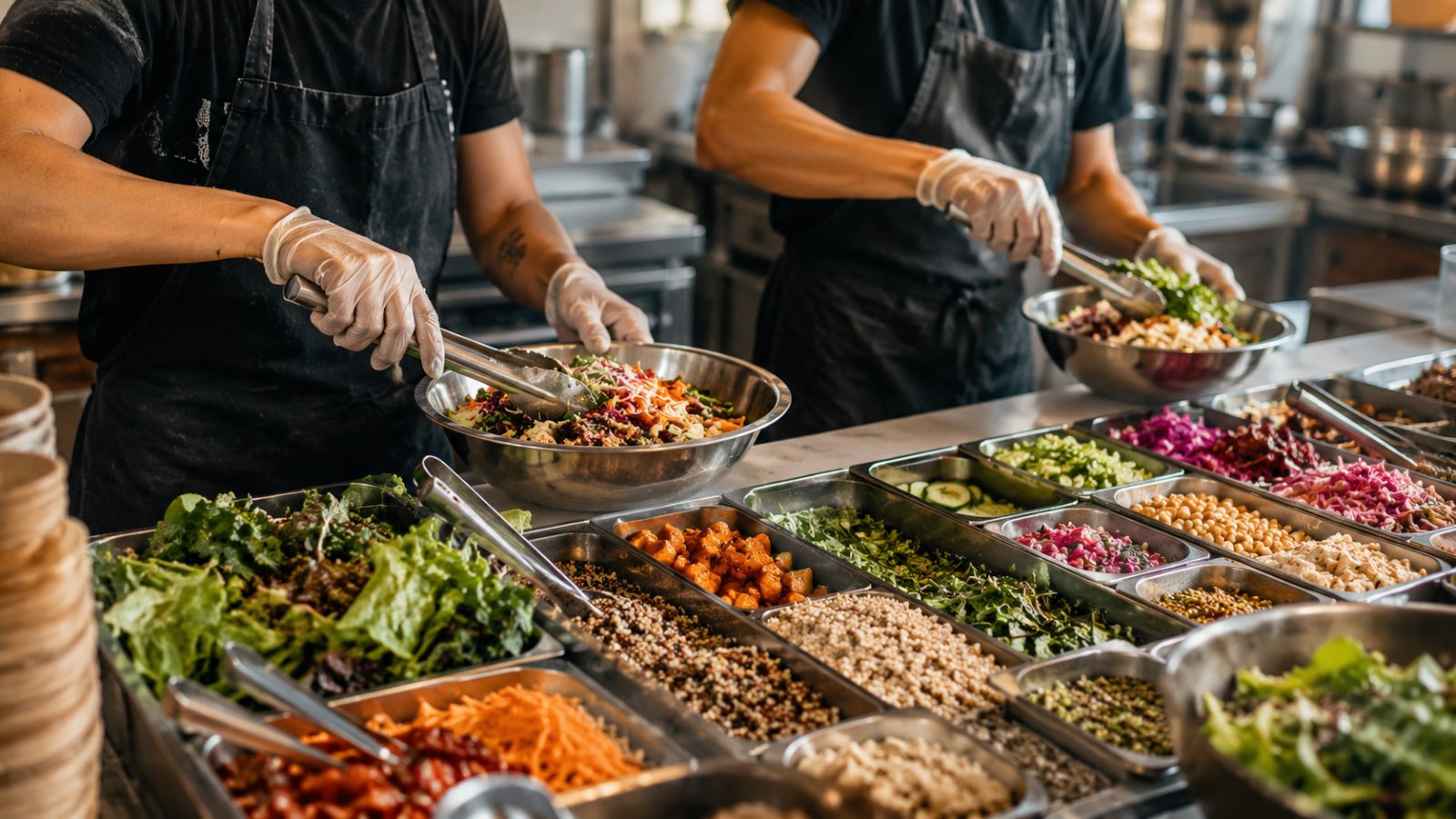 Cooks assembling fresh salads and grain bowls on a prep line