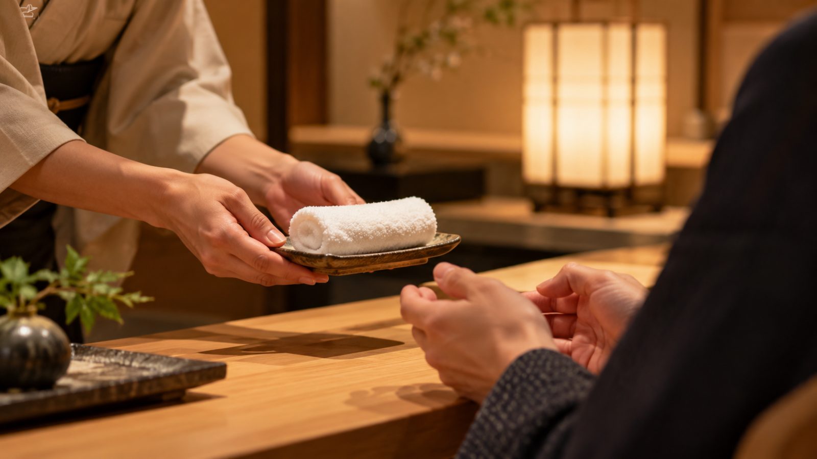 Host presenting a warm towel on a ceramic tray in a Japanese restaurant