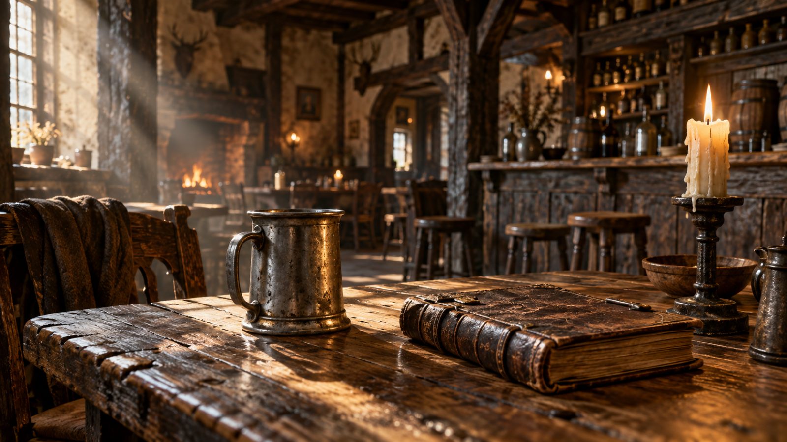Historic tavern interior with pewter tankard, ledger and candlelight