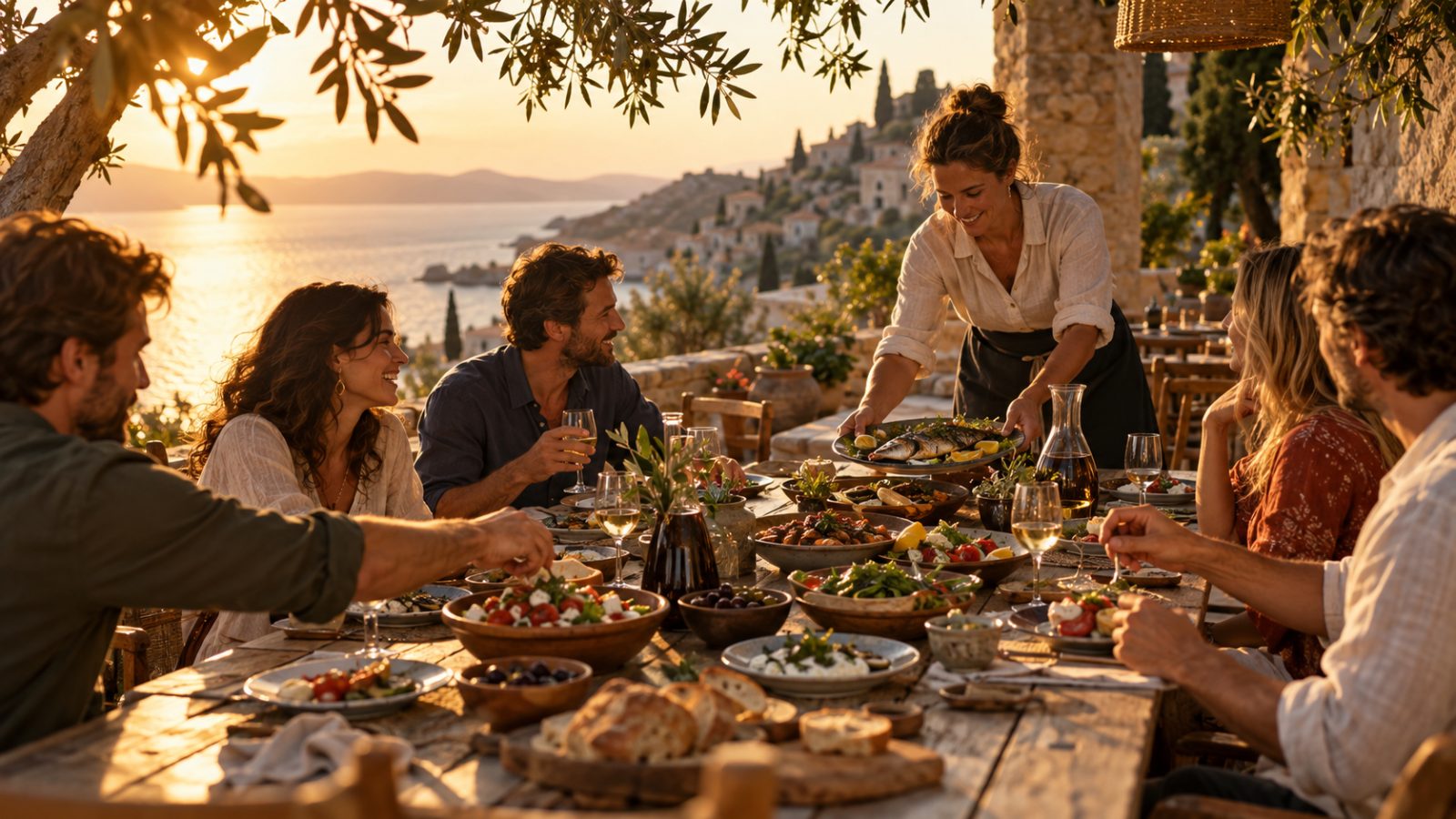 Shared plates and wine on a Mediterranean taverna terrace at golden hour
